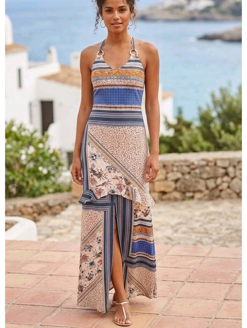 Studio F Sundress Womens 8 Multicolor Patchwork Halter Maxi Boho Ruffle Hem
